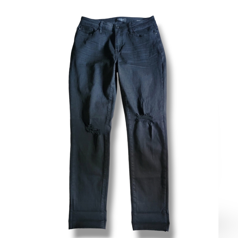 Judy Blue Distressed Knee Holes Curvy Slim Fit Mid Rise Jeans Size 7/28‎ Black